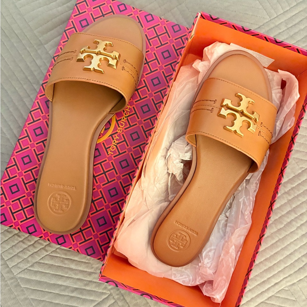 Tory Burch Brown Slide Sandals with Gold Logo
